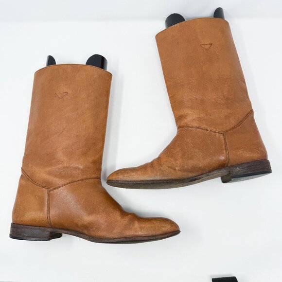 Vintage HipOppoTamus Cognac Brown Leather Mid Calf Boots Men's Size 9.5 Pull On - Picture 6 of 10